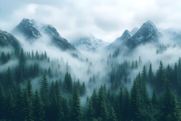Obraz premium A breathtaking landscape featuring a dense evergreen forest shrouded in mist, with majestic snow-capped mountains towering in the background.