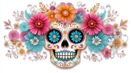 Fototapeta premium A colorful skull adorned with vibrant flowers, celebrating life and death, reflecting the Day of the Dead tradition in a lively, artistic expression.
