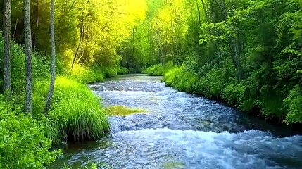 Obraz premium A tranquil river flows through a lush green forest, sunlight filtering through the canopy.