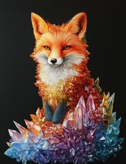 Obraz premium A red fox sits on a pile of colorful crystals against a black background.