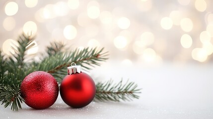 Obraz premium A minimalistic Christmas and New Year scene featuring a soft bokeh background that creates a dreamy atmosphere. On the left side, a lush spruce branch elegantly lies next to colorful Christmas balls, 