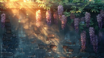 Obraz premium Purple Wisteria Flowers Cascading Over A Brick Wall