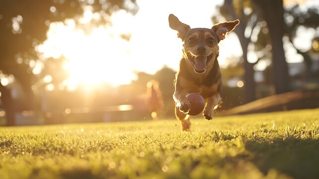 A playful dog running full speed after a ball in a park ears flopping and excitement visible as the sun casts a soft glow over the grass