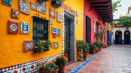 Brightly colored building facades with decorative tiles and potted plants line this charming Mexican street, creating a lively cultural scene.