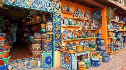 Fototapeta premium Vibrant Mexican pottery shop showcasing a wide array of handcrafted ceramics with intricate designs. Perfect for cultural appreciation and decor.