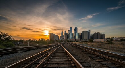 Fototapeta premium City Skyline at Sunset with Railway Tracks in Foreground