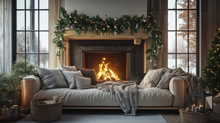 Cozy Living Room with Fireplace and Garland Decoration