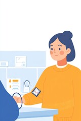 A cheerful person interacts with a device at a counter, suggesting a service or transaction.