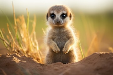 Fototapeta premium In the warm glow of sunset a young meerkat stands alert on a sandy mound exploring its surroundings with an innocent curiosity typical of its playful nature