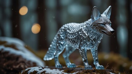 A translucent glass wolf sculpture stands on a snow-covered rock in a wintery forest, with a blurry background of trees and lights.