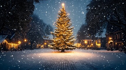 Naklejka premium Enchanting Snow Covered Village with Sparkling Christmas Tree and Festive
