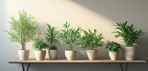 A minimalist entryway with a series of houseplants in elegant pots on a console table. The fresh greenery welcomes guests into the home with a touch of nature.