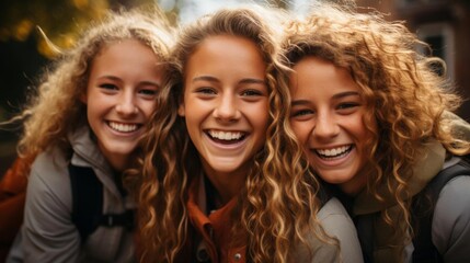 Fototapeta premium Three girls with curly hair are smiling and posing for a picture