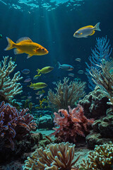 Obraz premium Dive into the vibrant beauty of ocean life with colorful fish, mesmerizing underwater plants, and diverse sea creatures. Experience the serene blue waters, a captivating underwater .