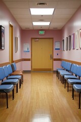 Fototapeta premium A corridor in a medical facility with waiting chairs and a door at the end.