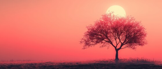 Fototapeta premium Solitary tree silhouette, soft pastel sky, delicate minimal branches, serene atmosphere, tranquil nature scene