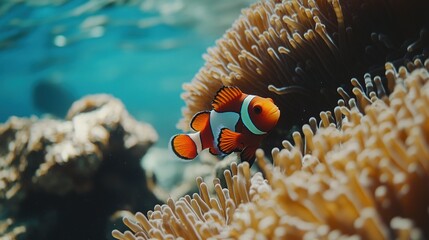 A vibrant and colorful clownfish swimming gracefully among coral reefs, showcasing its distinctive orange and white striped patterns. This illustration captures the playful nature of the clownfish, 