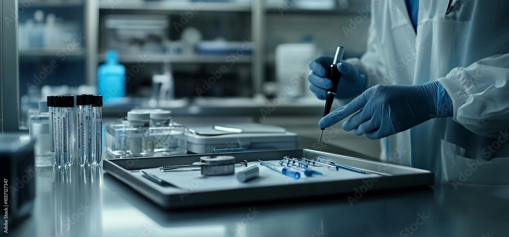 Poster a scientist in a lab coat and blue gloves is working with a tray of medical equipment and a pipette.