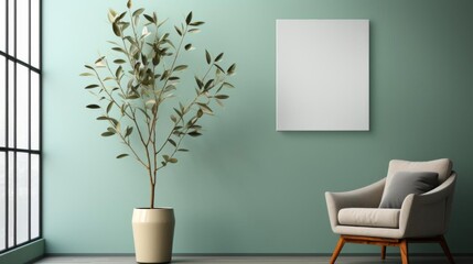 A white chair sits in front of a large green wall