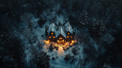 Aerial top-down view of a snow-covered house nestled in the woods, with warm, cozy lights glowing from within the building.