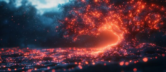 Naklejka premium A glowing tree amidst a surreal landscape of shimmering light particles.