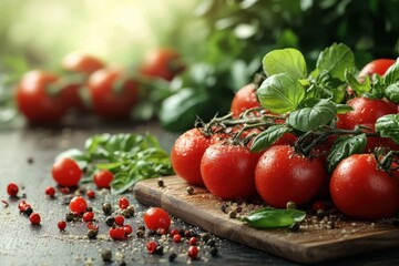 Freshly picked tomatoes and basil arranged on a wooden cutting board in a garden setting