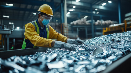 Factory employee in protective gear sorting aluminum scrap metal on a conveyor belt in a metal recycling facility
