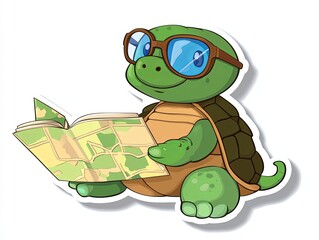 Fototapeta premium A cartoon turtle wearing glasses and reading a map.