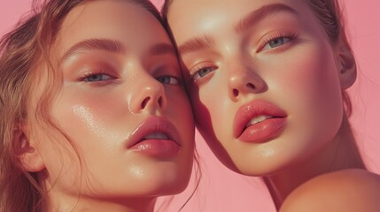 Two elegant women with radiant skin and glossy makeup captured in a close-up shot against a pink background.