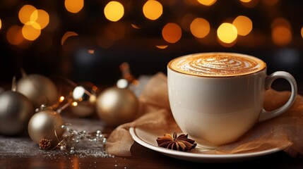 Obraz premium A white coffee cup with a brown swirl of cream on top sits on a table with a whi