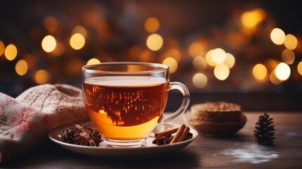 Obraz premium A cup of tea with cinnamon on a table