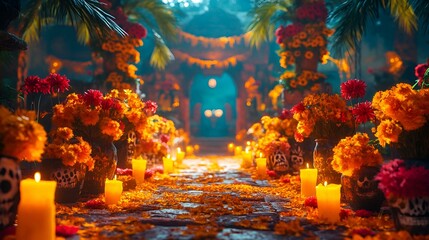 Fototapeta premium Pathway Adorned with Flowers and Candles. 