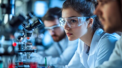 A focused group of scientists in lab coats examines samples under microscopes in a modern laboratory setting.