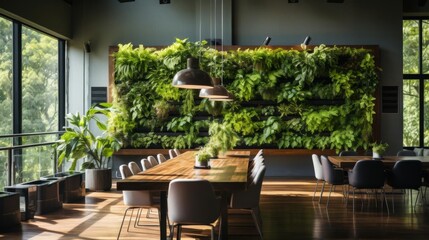 A large room with a green wall and a long table with many chairs