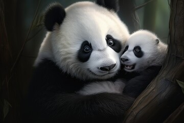 Naklejka premium Nestled in a lush bamboo forest a baby panda enjoys a warm embrace with its mother highlighting their adorable interaction and strong maternal bond