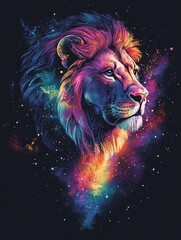 A colorful, abstract illustration of a lion's head against a black background with a galaxy-like nebula. The lion is depicted in a profile view, with its eyes closed and its mane flowing in the wind