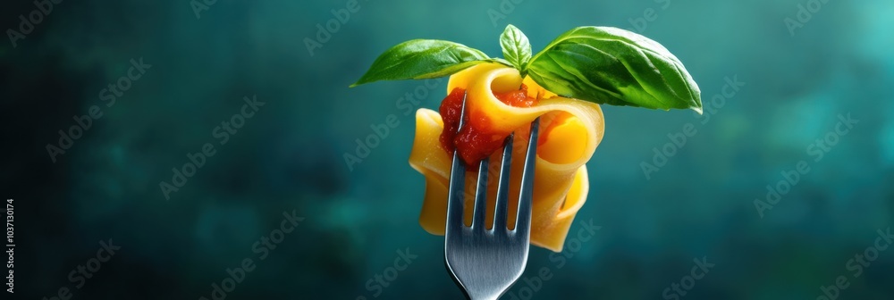 Poster a fork holds a serving of italian pasta topped with rich tomato sauce and a fresh basil leaf, inviti