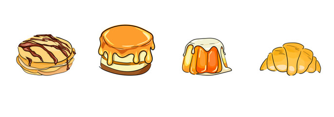 Colorful goldish dessert vector set in line style. Doodle design for your project. Cute food in cartoon style. Croissant, pancake and cake with topping. Pudding panna cotta with cream.