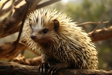 A hedgehog with distinct spines and bright eyes rests on a branch surrounded by greenery illuminated by warm afternoon sunlight