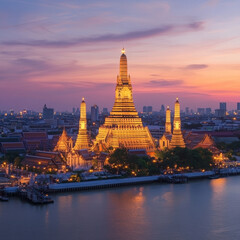 Fototapeta premium Golden Temple at Sunset: A breathtaking view of Wat Arun Ratchawararam Ratchawaramahawihan, illuminated by the warm glow of the setting sun.