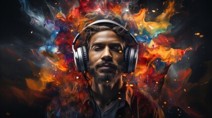 Obraz premium A man wearing headphones is surrounded by colorful smoke