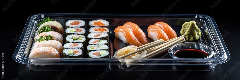 Poster an attractive catering platter displays various sushi types, including rolls and sashimi, perfect fo