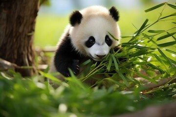 Fototapeta premium A young panda enjoys eating bamboo leaves surrounded by lush greenery showcasing its playful nature and love for this favorite snack