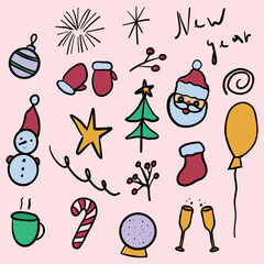 Big Christmas set in doodle style.New Year vector illustration