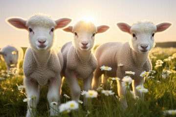 Fototapeta premium Three adorable baby sheep are happily playing together in a sunlit meadow bright with blooming daisies embodying the joy of springtime