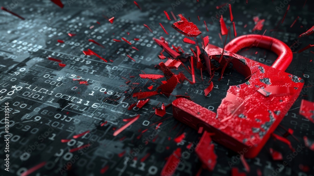 Poster cybersecurity breach - digital padlock shattered by malware lightning bolt in futuristic binary code