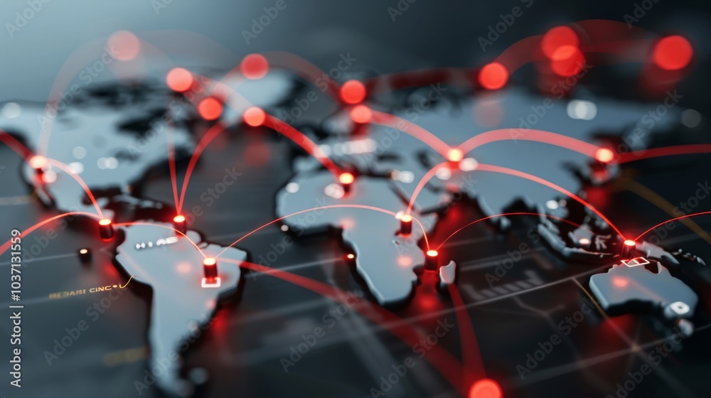 Poster global cyber attack map: glowing dots and lines connecting worldwide locations illustrating hacking 