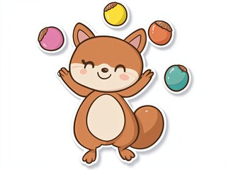 Fototapeta premium A cute cartoon squirrel with a big smile and four acorns around it.