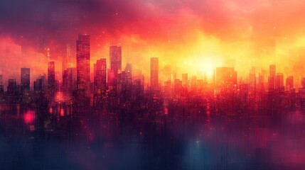 A vibrant city skyline at sunset, showcasing a blend of colors and silhouettes.