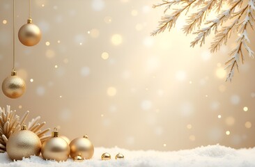 Christmas scene with gold ornaments, snow-covered branches, and bokeh lights on a soft beige background. Flat lay composition with copy space for holiday greeting card or invitation design